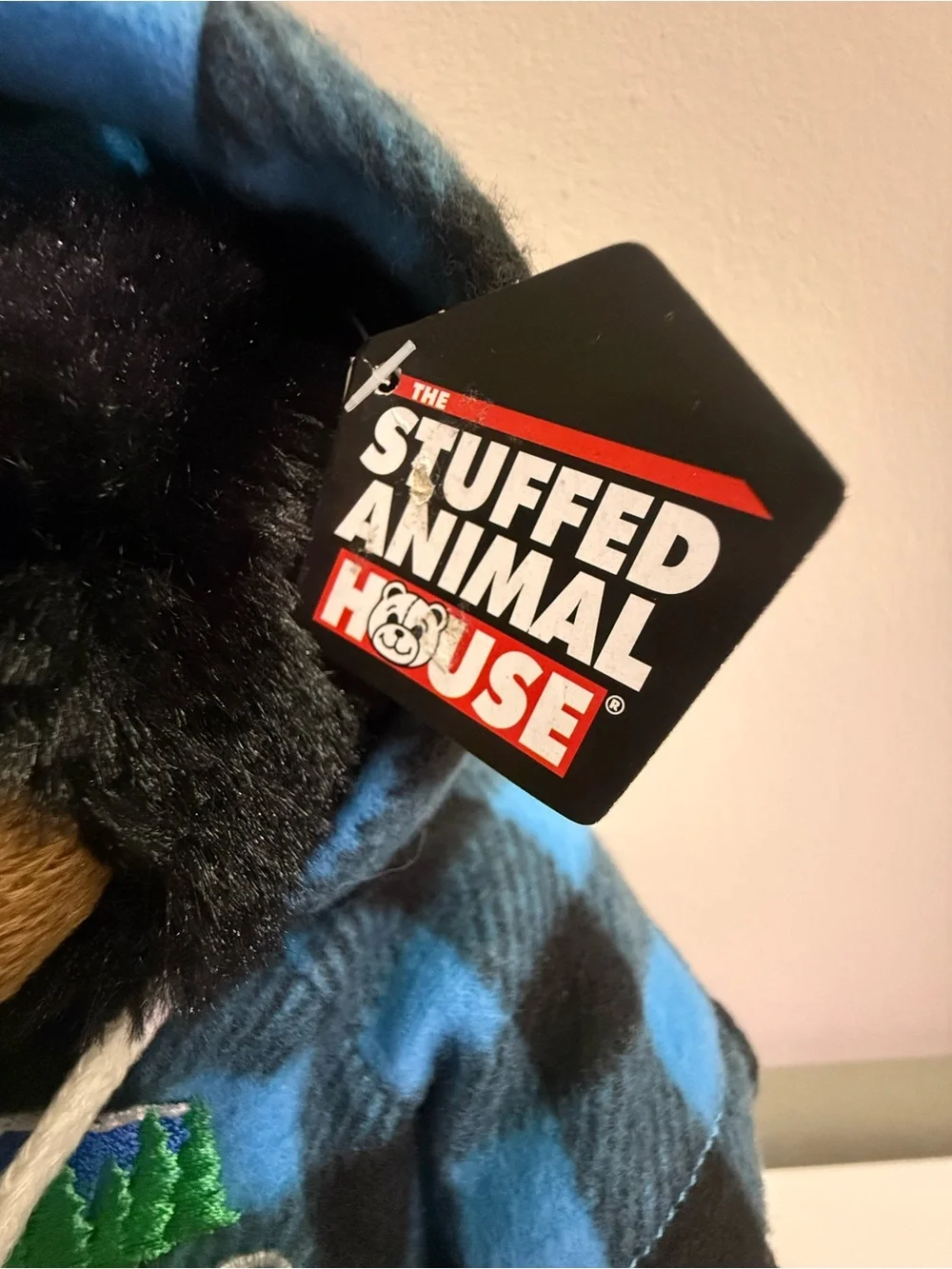 Stuffed Animal House Black Bear Plush Blue Plaid Hoodie Jasper Canada Souvenir